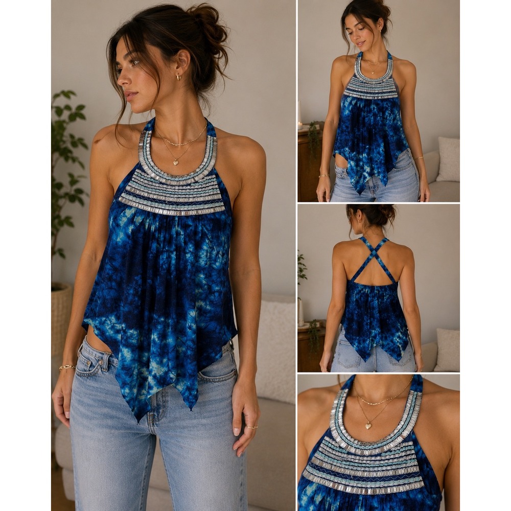 VENUS Y2K Blue Tie Dye Sequin Halter Handkerchief Top Size S Made USA